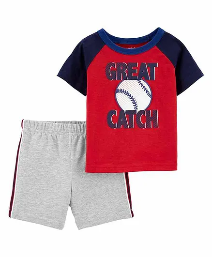 Carter's Half Sleeves 100% Cotton Raglan Tee & Shorts Set Baseball Print - Red Grey