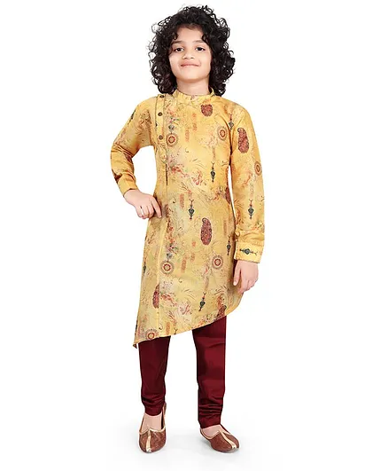 Nakshi By Yug Digital Print Full Sleeves Kurta & Pajama - Yellow &  Maroon