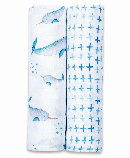  Masilo Bamboo Muslin Swaddle Aqua Print Pack of 2 - Blue
