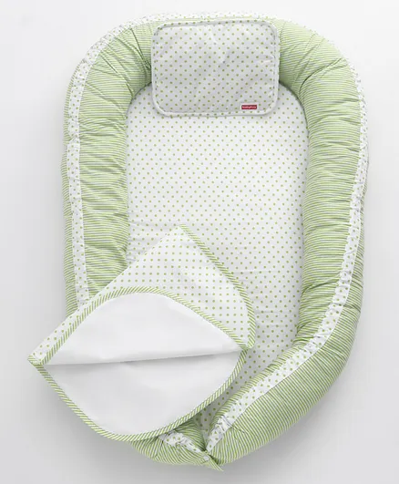 Babyhug Premium 3 Piece Nest Gadda Set With Diaper Changing Mat in Polka Dots Print - Green