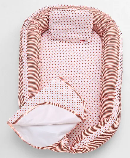 Babyhug Premium 5 Piece Nest Gadda Set With Diaper Changing Mat in Polka Dots Print - Red (Color May Vary)