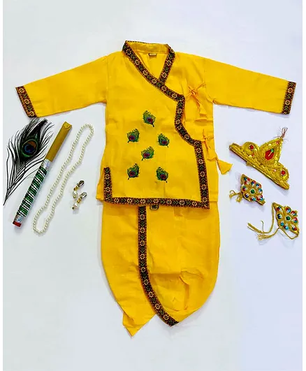 Sakhyam Mor Pankh Embroidery Full sleeves Kurta & Dhoti with Jewellery Set 22 Inch - Yellow