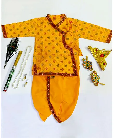 Sakhyam Krishna Theme Full Sleeves Kurta & Dhoti Set With Jewellery Floral Print - Yellow