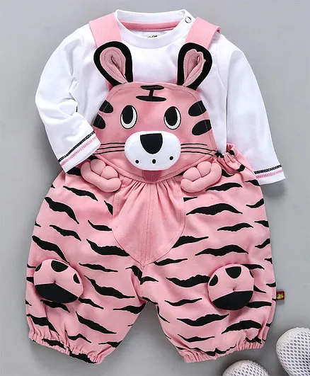 WOW Clothes 3D Tiger Design Dungaree & T-Shirt - Peach