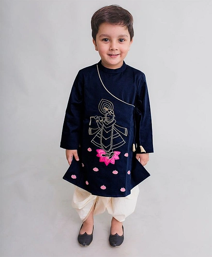 Tiber Taber Krishna Murli Embroidered Full Sleeves Kurta & Dhoti Set - Navy Blue