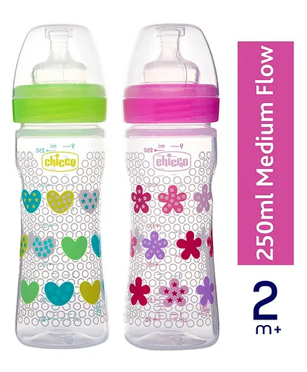 Chicco Bipack Well Being Bottle Pink And Green Pack of 2 - 250 ml each