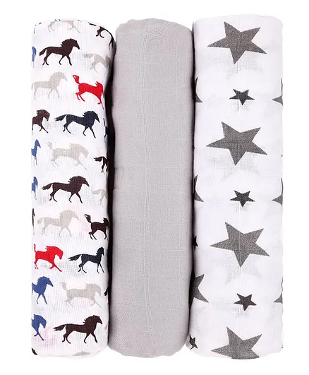 Haus & Kinder Cotton Muslin Swaddle Wrap Monochrome Print Pack of 3 - Horse, Grey Star & Grey