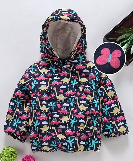 Babyhug Full Sleeves Hooded Jacket Butterfly Print - Navy