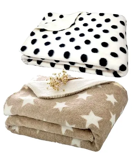 Brandonn Blankets Star & Polka Dot Print Pack Of 2 - Brown White