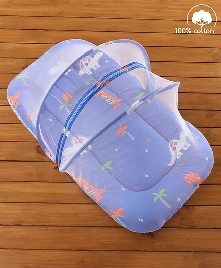 Babyhug Cotton Bedding Set with Mosquito Net Dino Kingdom Print - Blue