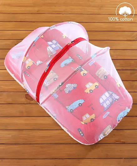 Babyhug Cotton Bedding Set with Mosquito Net City Buzz Print - Red