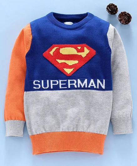 Mom's Love Full Sleeves Pullover Sweater Superman Print - Blue Grey