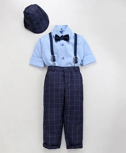 Jeet Ethnics Full Sleeves Shirt With Bow & Checked Suspender Pants With Cap - Red & Navy Blue