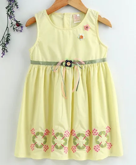 Smile Rabbit Sleeveless Floral Embroidered Frock - Yellow