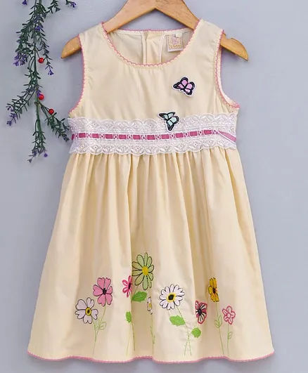 Smile Rabbit Sleeveless Floral Embroidered Frock Butterfly Applique - Light Yellow