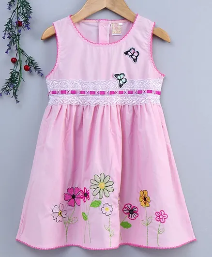 Smile Rabbit Sleeveless Floral Embroidered Frock Butterfly Applique - Light Pink