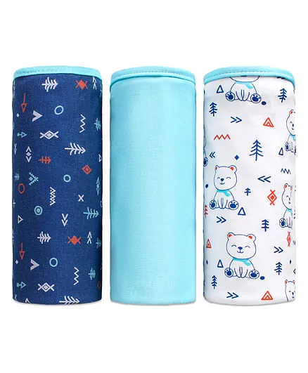 Babyhug 100% Cotton Wrapper Pack of 3 Teddy Print - Blue & White
