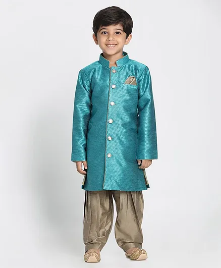 JBN Creation Self Design Full Sleeves Sherwani With Dhoti - Turquoise