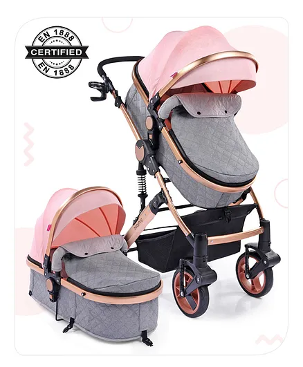 Babyhug Majestic Stroller Cum Carry Cot With Canopy - Light Peach