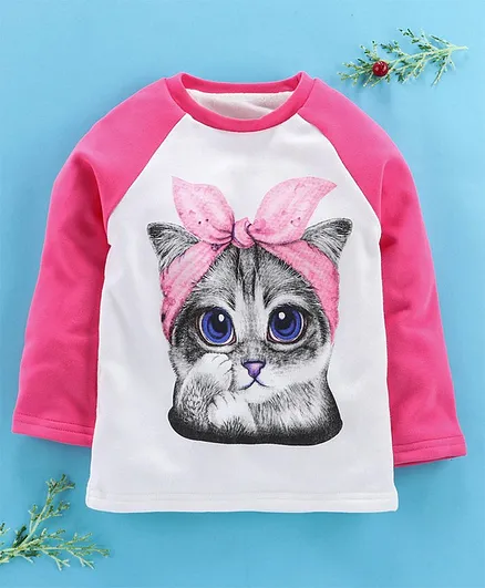 Lekeer Kids Full Sleeves Raglan Tee Kitty Print - Pink White