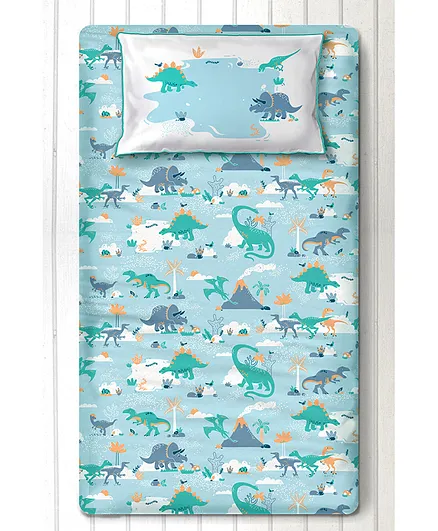 Silverlinen Snooze & Roar Dinosaur Single Bedsheet with One Pillow Cover - Multicolor