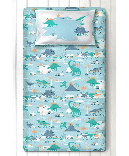 Silverlinen Snooze & Roar Dinosaur Single Bedsheet with One Pillow Cover - Multicolor