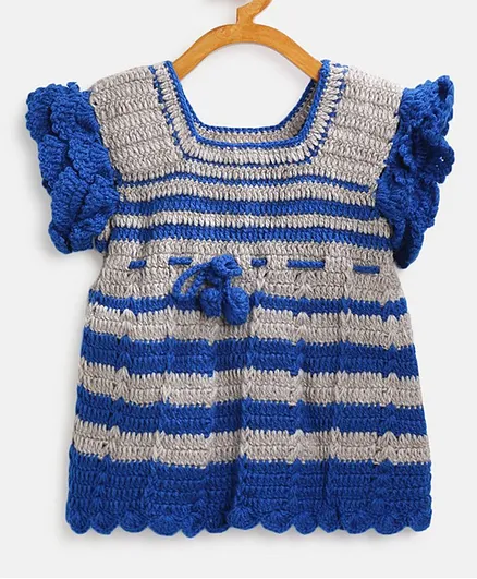MayRa Knits Striped Pattern Short Sleeves Dress - Blue