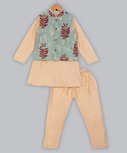 Silverthread Full Sleeves Kurta With Leaves Printed Jacket & Pyjama - Beige