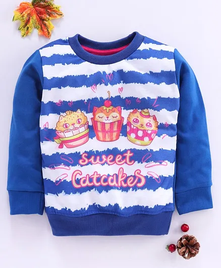 Eteenz Full Sleeves Striped Sweatshirt Catcakes Print - Royal Blue