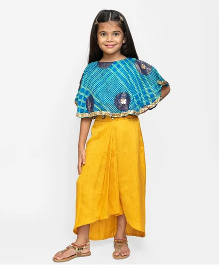 Fairies Forever Printed Half Sleeves Top With Elasticated Dhoti Skirt - Blue & Yellow