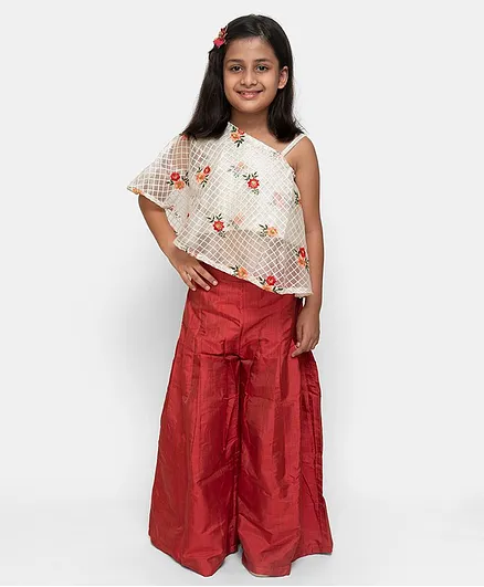 Fairies Forever Flower Embroidered One Shoulder Sleeveless Top With Palazzo - White & Red