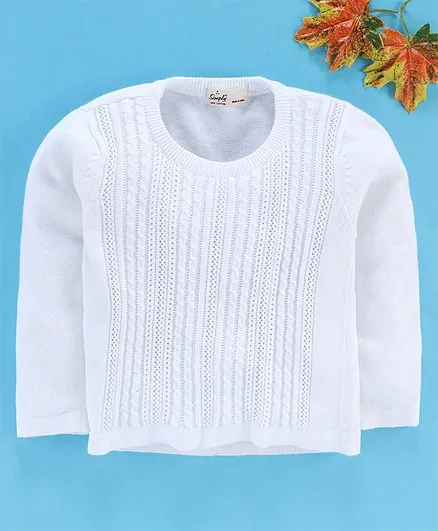 Simply Full Sleeves Solid Self Design Sweater - White