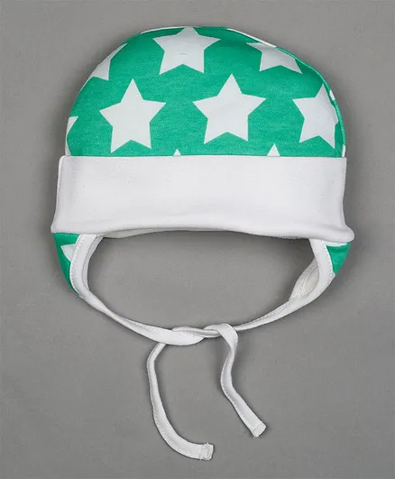 Grandma's Premium Star Print Cap with Ear Flaps and Knot Green White  -  Diameter 12 cm