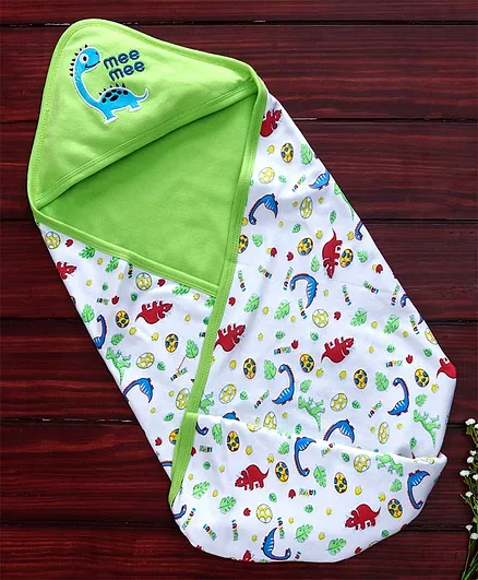 Mee Mee Interlock Fabric Hooded Wrapper With Dinosaur Print - Green & White