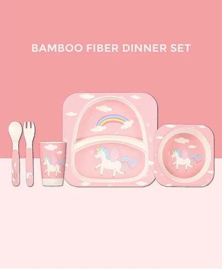 POLKA TOTS Eco Friendly Bamboo Fiber Dinner Set 5 Pcs Tableware Crockery Set - Unicorn
