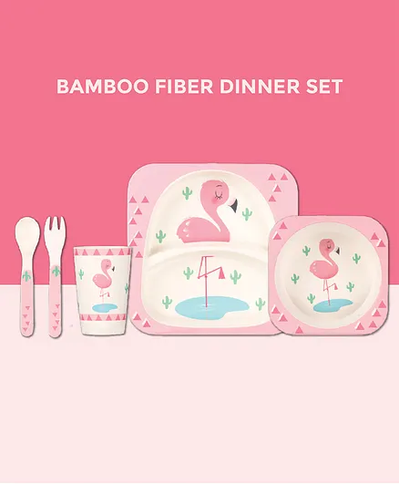POLKA TOTS Eco Friendly Bamboo Fiber Dinner Set 5 Pcs Tableware Crockery Set - Flamingo