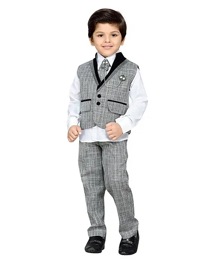 AJ Dezines Full Sleeves Self Design Three Piece Party Suit With Tie - Grey