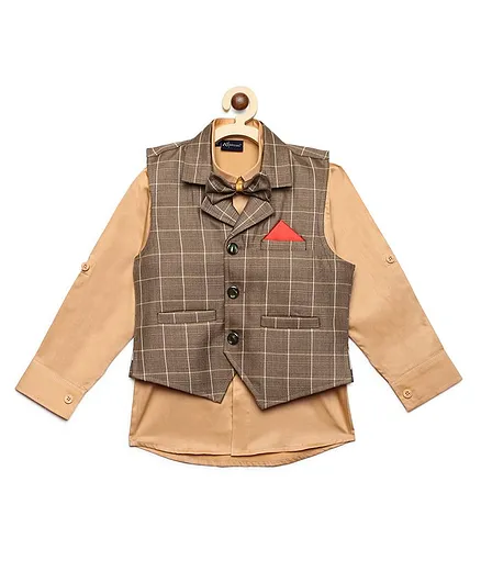 AJ Dezines Full Sleeves Solid Shirt With Checked Waistcoat & Bow Tie - Brown