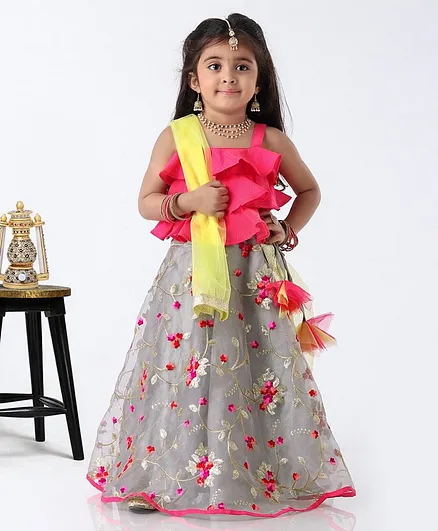 Saka Designs Sleeveless Choli With Lehenga & Dupatta Floral Embellishment - Grey