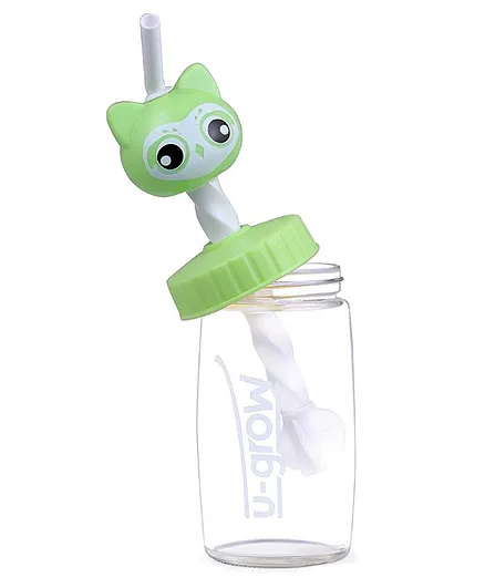 U-grow Cute Cat Glass Sipper Bottle Green - 340 ml