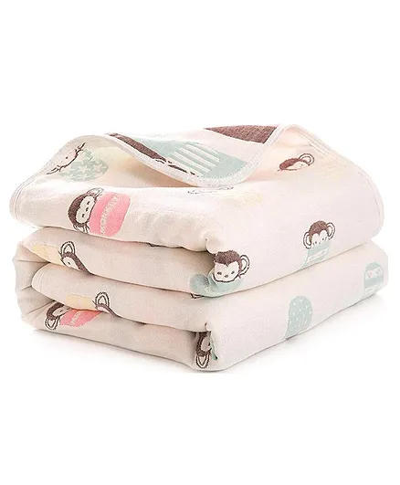Syga Pure Soft Cotton Blanket Monkey Print - Cream(Color and design slightly may vary)