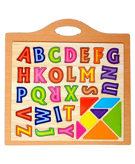 VibgyorVibes Wooden Erasable Writing Board & Magnetic Alphabet Chips Tangram Puzzle - Multicolor