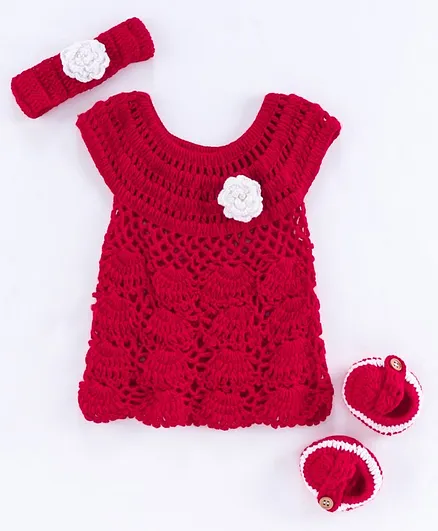 USHA ENTERPRISES Handmade Sleeveless Flower Crochet Embroidered  Sweater Dress With Booties & Headband - Red