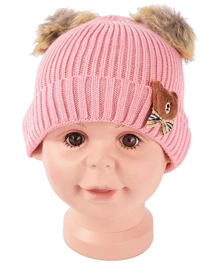 Yellow Bee Pom Pom Hat With Bear And Bow Applique - Pink