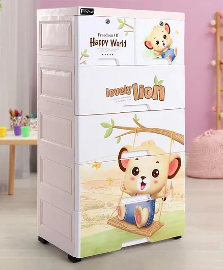 Babyhug 5 Layers High Density Plastic Storage Cabinate Teddy Print With Wheels - White Cream