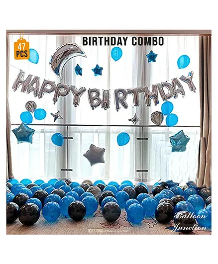 Balloon Junction Birthday Decoration Set Silver Blue & Black Balloons - Pack Of 47