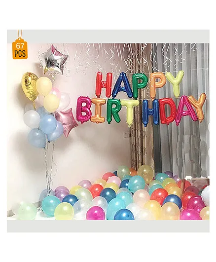 Balloon Junction Happy Birthday Letter Foil with Multicolour Metallic Balloons Decoration Set - Pack Of 67