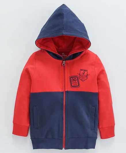 Kiddopanti No Speed Limit Print Full Sleeves Hooded Jacket - Red & Navy Blue