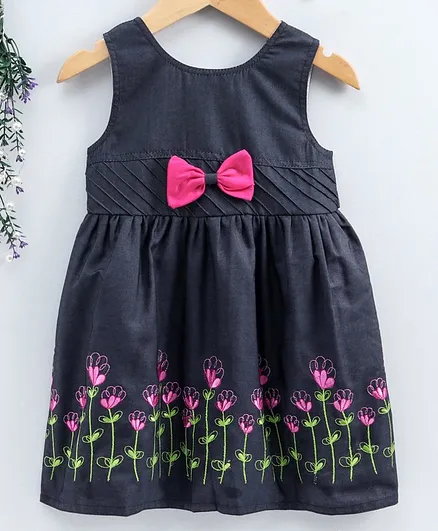 Enfance Core Flower Embroidered Bow Embellished Sleeveless Dress - Pink