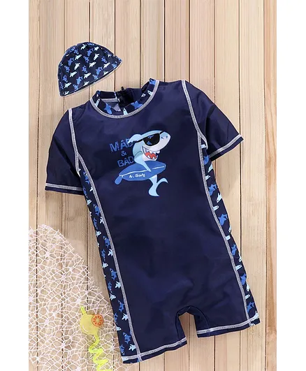 Babyhug Legged Swimsuit Shark Print - Blue